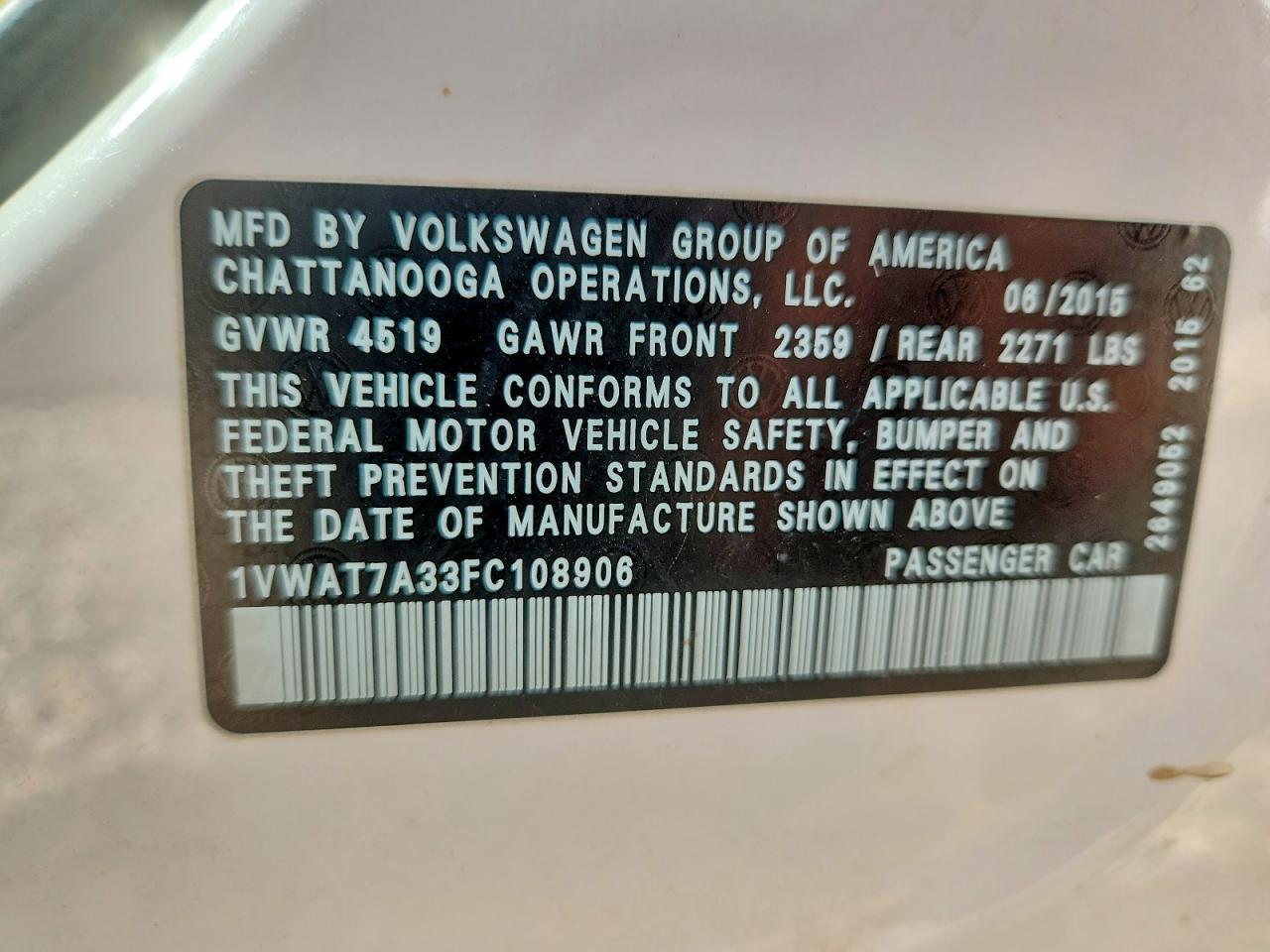 2015 VOLKSWAGEN PASSAT — фото 13