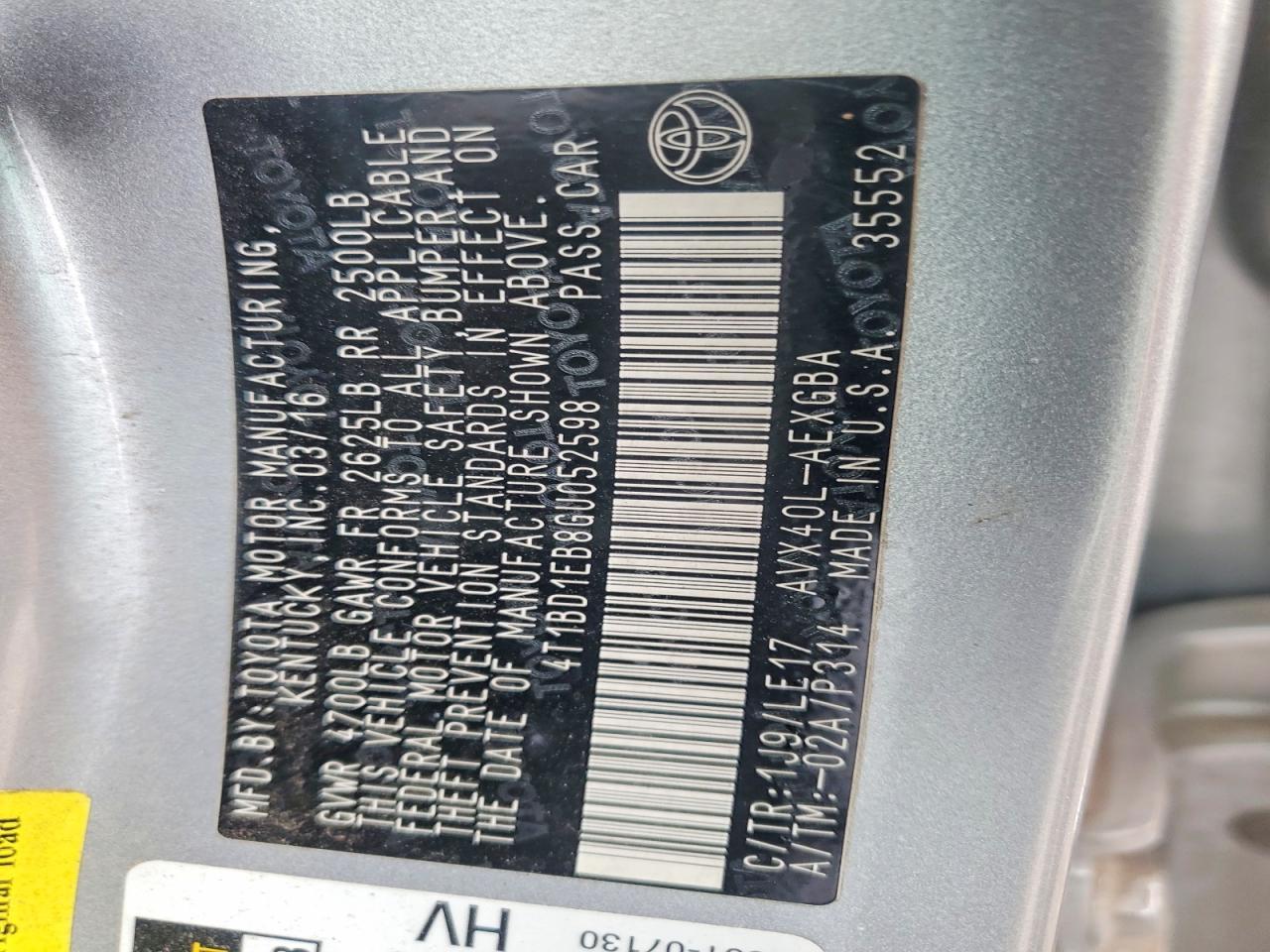 2016 TOYOTA AVALON HYBRID — фото 12