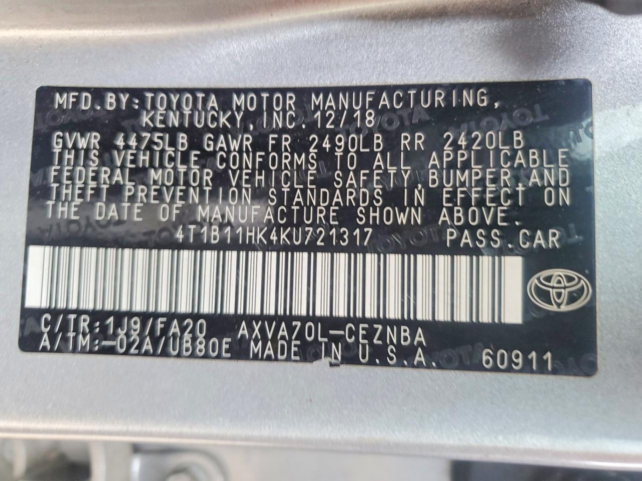2019 TOYOTA CAMRY — фото 12